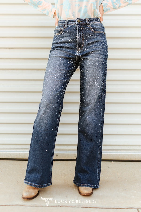 Mid Wash Rhinestone Studded Mid Rise Western Flare Jeans (32in - Inseam)