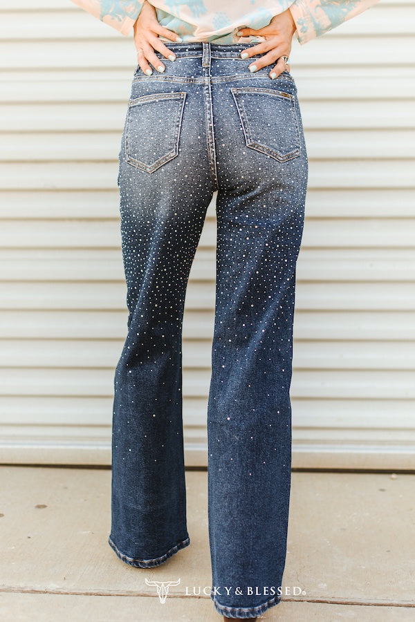 Mid Wash Rhinestone Studded Mid Rise Western Flare Jeans (32in - Inseam)