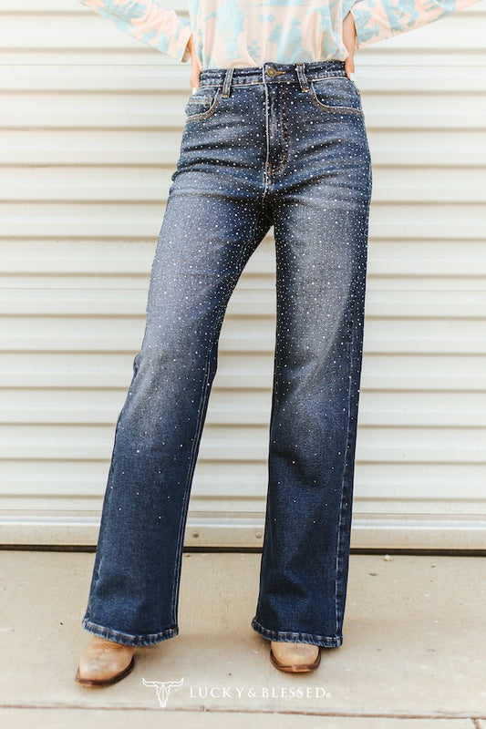 Mid Wash Rhinestone Studded Mid Rise Western Flare Jeans (32in - Inseam)